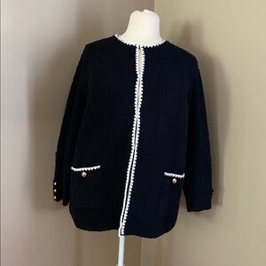 Sioni Black Ivory Bouclé Cardigan Sweater pockets plus size 1X